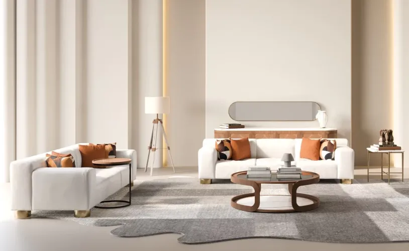 White 3 Seater Matte Finish Luxury Sofa with Brass Detailing – Luxury Hotel Furniture – Hotel Sofa by Luxury Group International