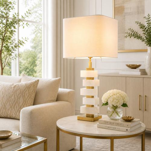 White alabaster Elegant Modern Table Lamp in Gold Antique Brass Finish by Luxury Group International