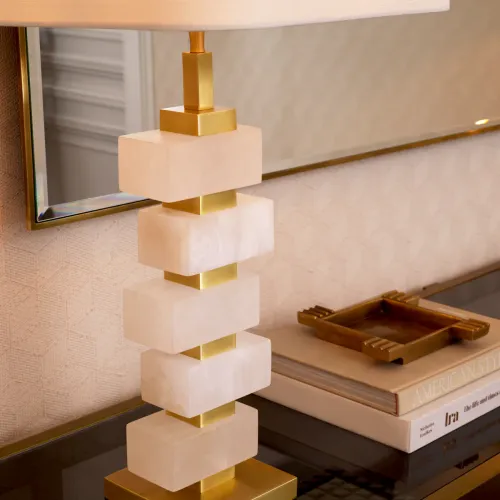 White alabaster Elegant Modern Table Lamp in Gold Antique Brass Finish by Luxury Group International