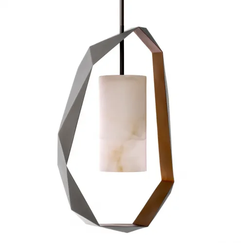 White alabaster tubular lampshade pendant light luxury ceiling lamp in gunmetal frame by Luxury Group International