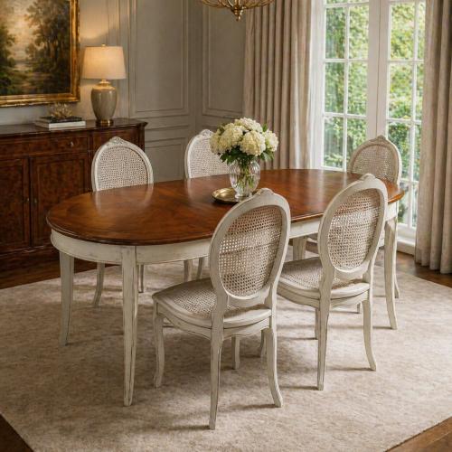 White Baroque Luxury Dining Room Set - 1 Oval Extendable Table & 6 Cane Back Chairs Lifestyle View by Luxury Group International