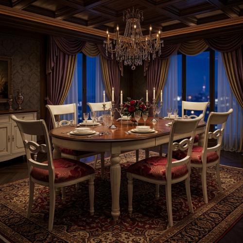 White Baroque Luxury Dining Room Set - 1 Oval Table with Marquetry Tabletop & 6 Floral Upholstered Chairs Lifestyle View by Luxury Group International