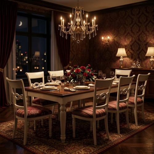 White Baroque Luxury Dining Room Set - 1 Rectangular Table & 8 Patterned Upholstered Chairs Lifestyle View by Luxury Group International