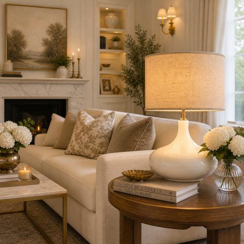 White Ceramic Luxury Modern Table Lamp With Antique Brass Finish by Luxury Group International