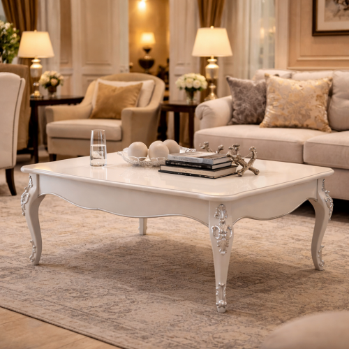 White Finish Luxury Baroque Coffee Table with Silver Ornate Sculpted Legs - Living Room Furniture Lifestyle View by Luxury Group International
