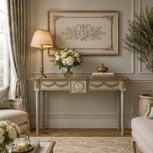 Console néoclassique de luxe blanche et dorée avec détails de guirlande florale par Luxury Group International