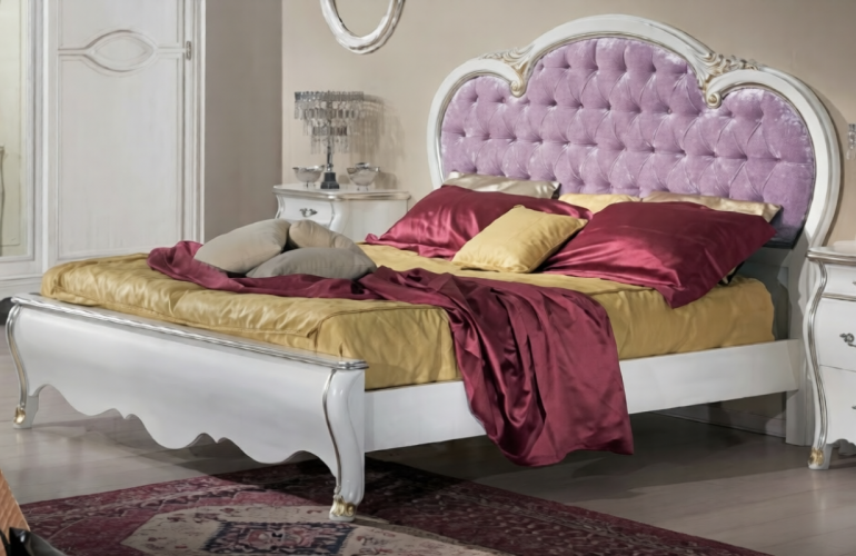White Lacquer Baroque Luxury Double Bed with Lilac Velvet Button-Tufted Headboard in Gold Accent — 212×220 CM Front View by Luxury Group International