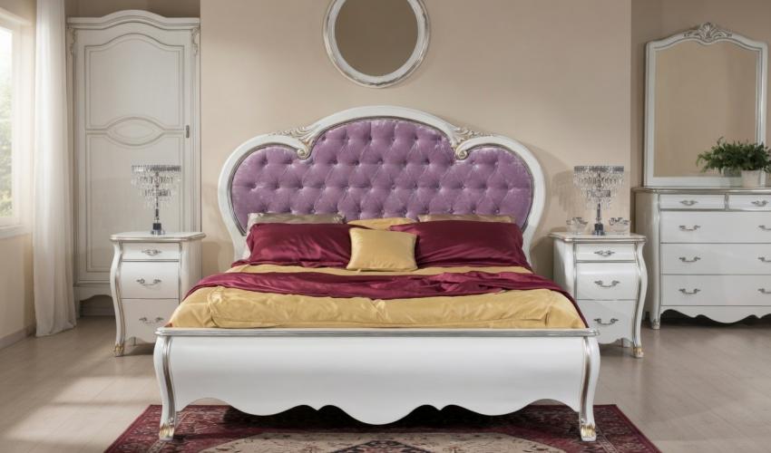 White Lacquer Baroque Luxury Double Bed with Lilac Velvet Button-Tufted Headboard in Gold Accent — 212×220 CM Lifestyle View by Luxury Group International