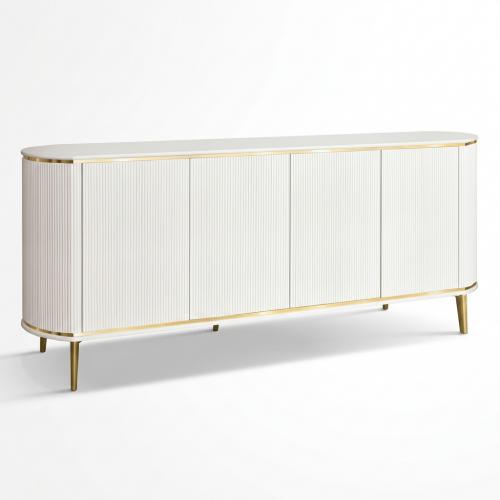 Credenza Curva di Lusso Laccata Bianca con Accenti Dorati e Pannelli Porta Bianchi Canellati - Mobili per Soggiorno Vista frontale di Luxury Group International