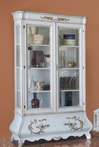 White Lacquered Luxury Baroque Double Door Glass Display Cabinet with Hand-Painted Gold Accents - Baroque Furniture Front View by Luxury Group International