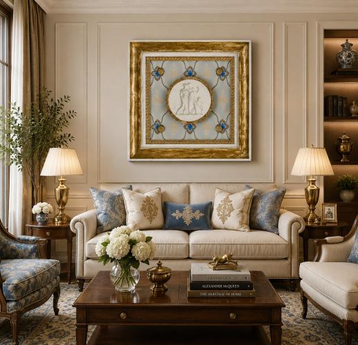 Weiße Luxus Neoklassizistische Medaillon-Wandkunst mit goldenem Rahmen und blau gemustertem Textil von Luxury Group International