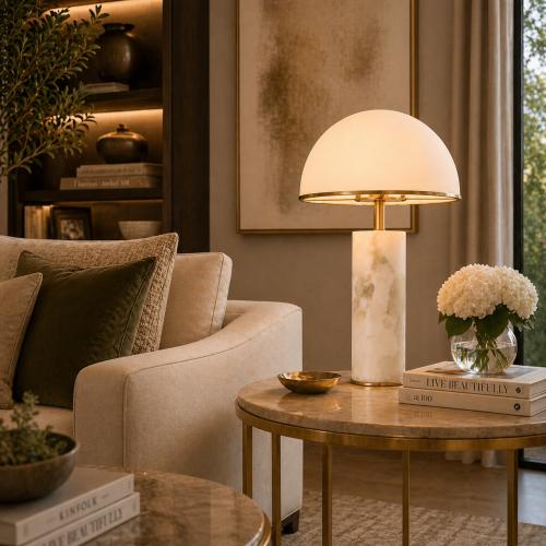 Lampada da Tavolo di Lusso in Marmo Bianco con Paralume in Vetro Bianco a Forma di Conchiglia Moderna di Luxury Group International