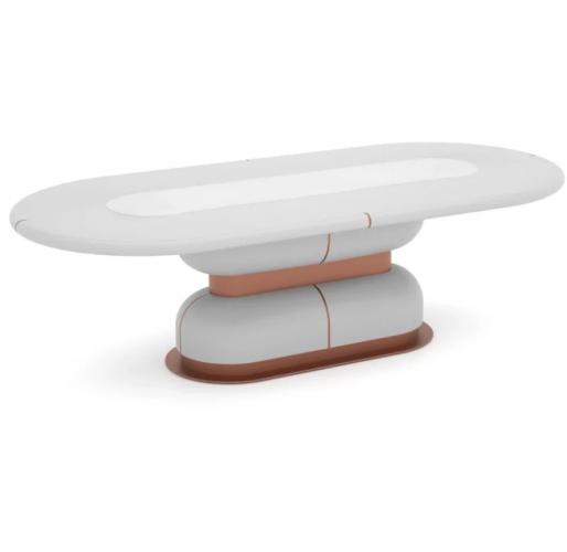 White Marble Oval Top Luxury Dining Table with Copper Accents by Luxury Group International