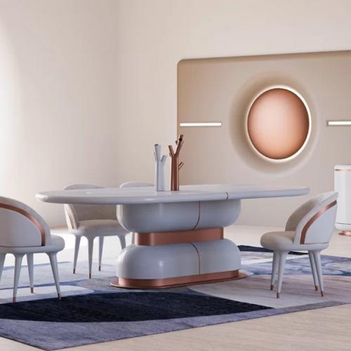 White Marble Oval Top Luxury Dining Table with Copper Accents by Luxury Group International
