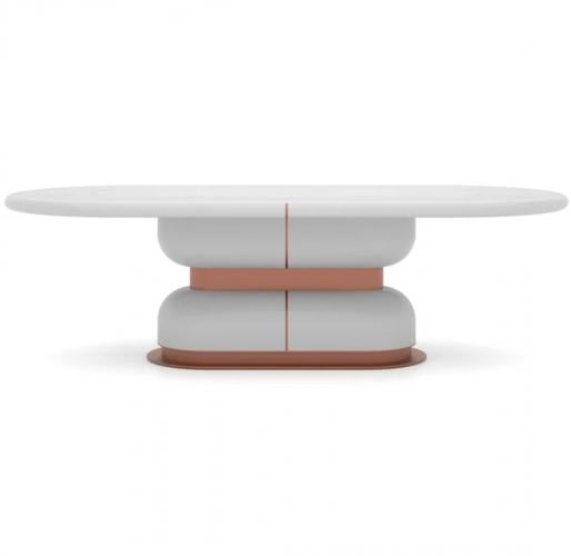 White Marble Oval Top Luxury Dining Table with Copper Accents Side View by Luxury Group International