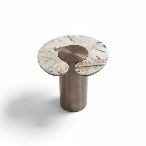 White Marble top & Bronze Disc Modern Luxury Side Table by Luxury Group International