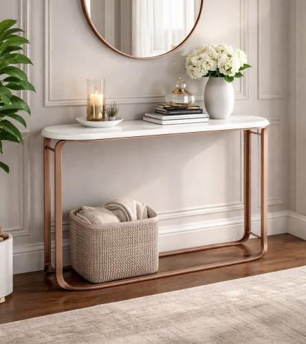 Mesa consola de lujo con tapa de mármol blanco y base de cobre por Luxury Group International