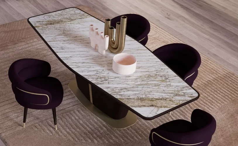 White Rectangular Marble Top Luxury Dining Table with Dark Brown Base Lifestyle View by Luxury Group International
