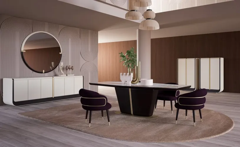 White Rectangular Marble Top Luxury Dining Table with Dark Brown Base by Luxury Group International