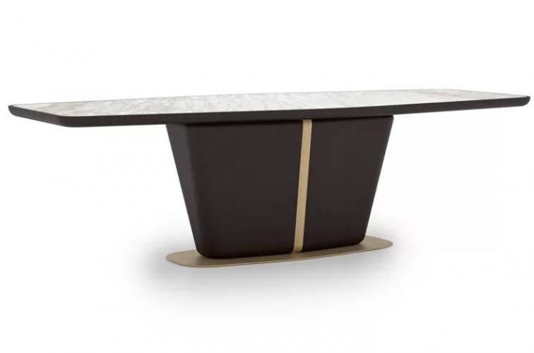 White Rectangular Marble Top Luxury Dining Table with Dark Brown Base Side View by Luxury Group International
