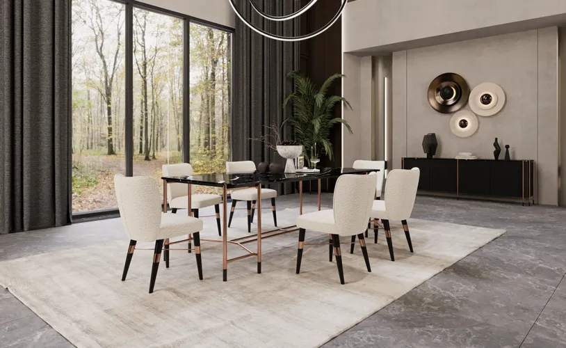 White Upholstered Luxury Dining Chair with Black & Copper Legs Lifestyle View by Luxury Group International