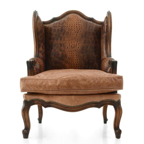 Sillón Sofá de Cuero Barroco de Lujo con Respaldo Alto y Paneles Texturizados de Cocodrilo - Muebles para Sala de Estar Vista frontal por Luxury Group International