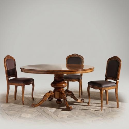 Wooden Baroque Round Pedestal Luxury Dining Room Set - 1 Circular Table & 4 Upholstered Chairs Front View by Luxury Group International