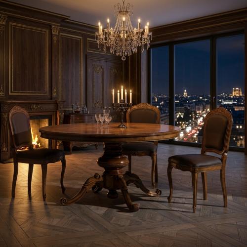 Wooden Baroque Round Pedestal Luxury Dining Room Set - 1 Circular Table & 4 Upholstered Chairs Lifestyle View by Luxury Group International