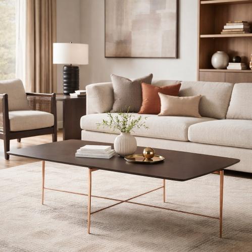 Table Basse Rectangulaire en Bois Marron Foncé de Luxe avec Pieds en Cuivre Élégants par Luxury Group International